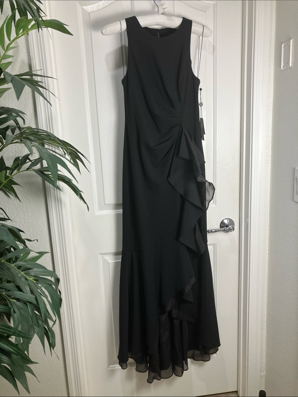 ADRIANNA PAPELL High Low Crepe Halter Gown With Organza Draping, 4, Black